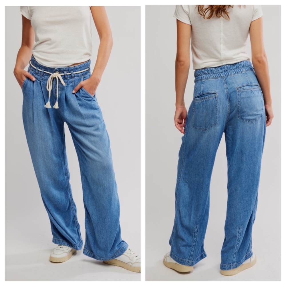Free People We The Free Dakota Cinched Pull-On Wide-Leg Jeans Light Blue Size S - Picture 2 of 16